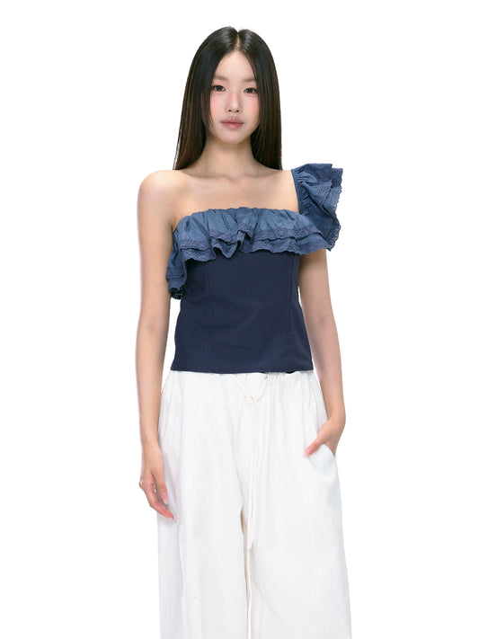 Clara Ruffled Asymmetrical Denim Top