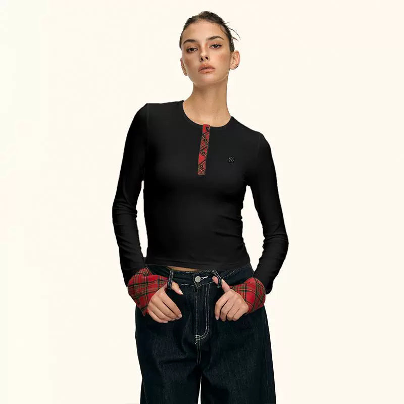 Aria Contrast Plaid Cuff Top