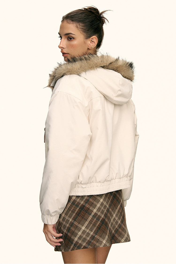 Ivory Faux Fur Hooded Winter Jacket