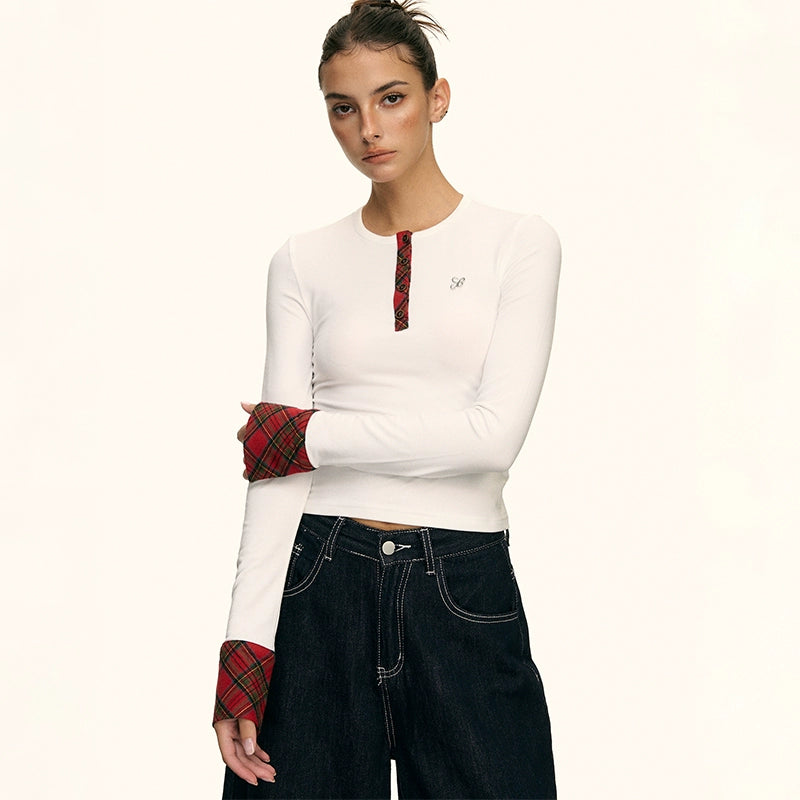 Aria Contrast Plaid Cuff Top