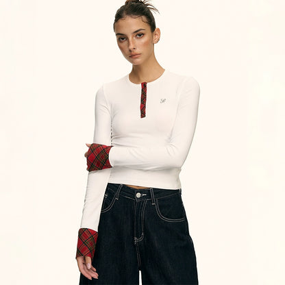 Aria Contrast Plaid Cuff Top