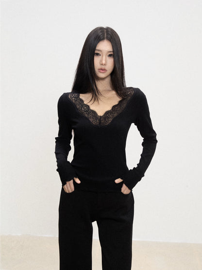 Lace-Trim V-Neck Knit Top
