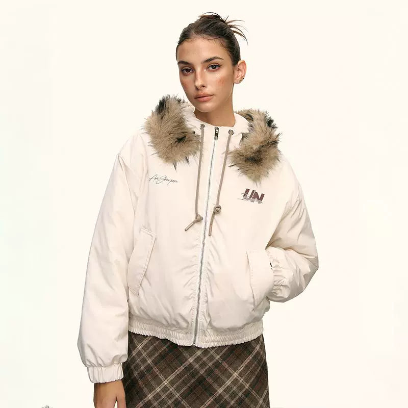 Ivory Faux Fur Hooded Winter Jacket