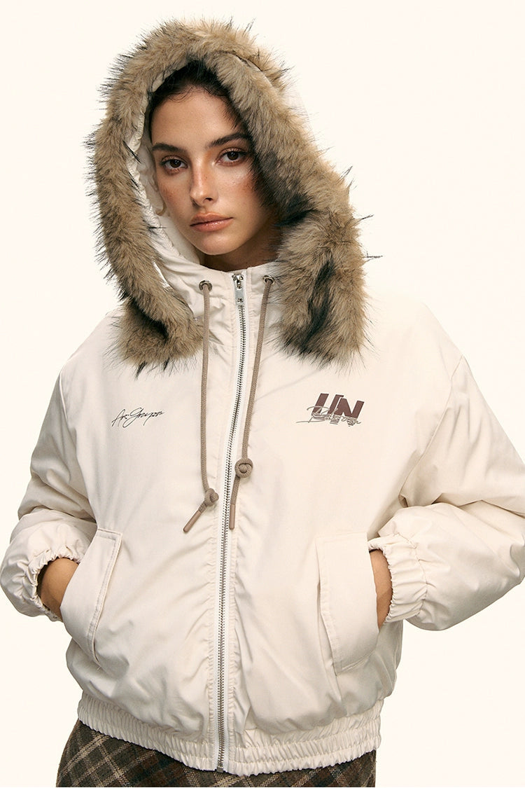 Ivory Faux Fur Hooded Winter Jacket