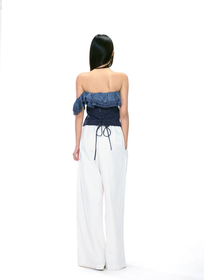 Clara Ruffled Asymmetrical Denim Top