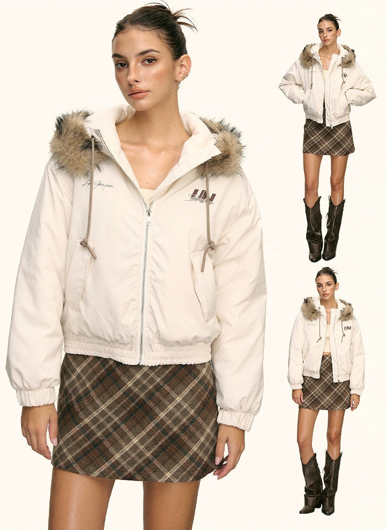 Ivory Faux Fur Hooded Winter Jacket