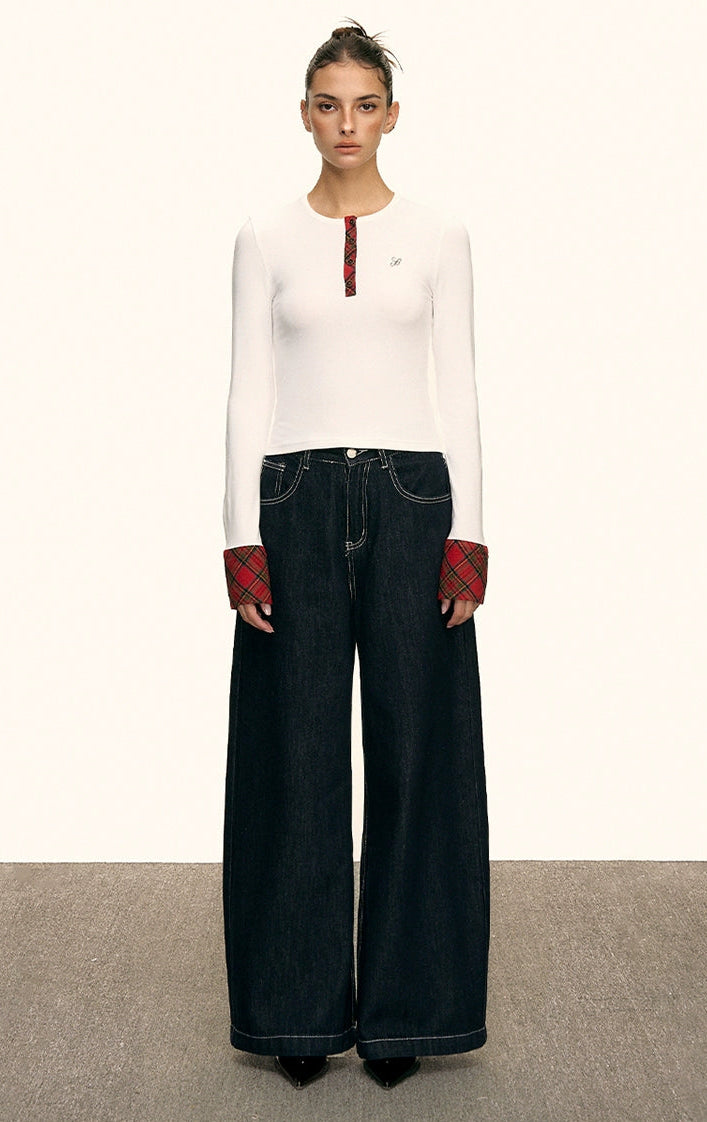 Aria Contrast Plaid Cuff Top