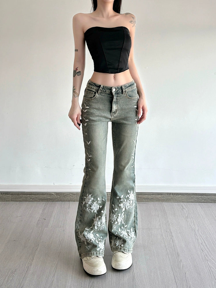 Whisper Bloom Low-Rise Embroidered Flare Jeans