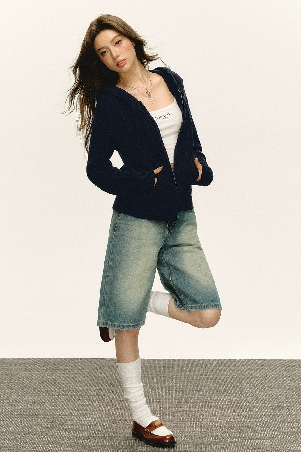 Emelia Vintage Hooded Knit Zipper Cardigan