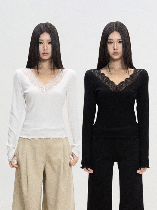 Lace-Trim V-Neck Knit Top