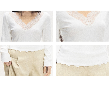 Lace-Trim V-Neck Knit Top
