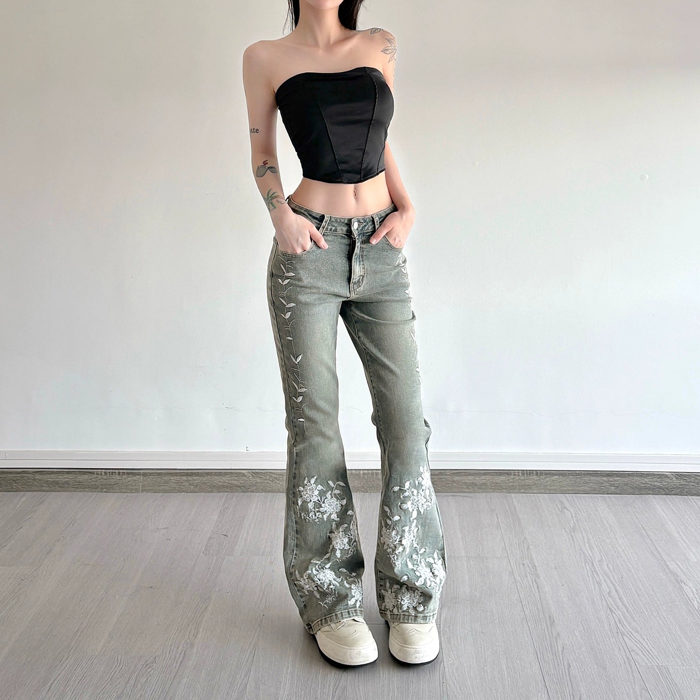 Whisper Bloom Low-Rise Embroidered Flare Jeans