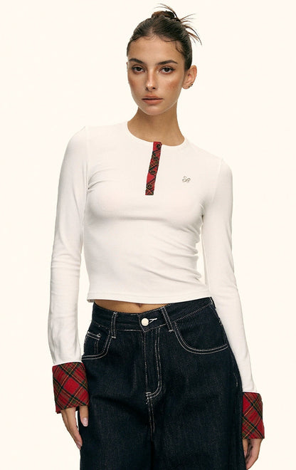 Aria Contrast Plaid Cuff Top