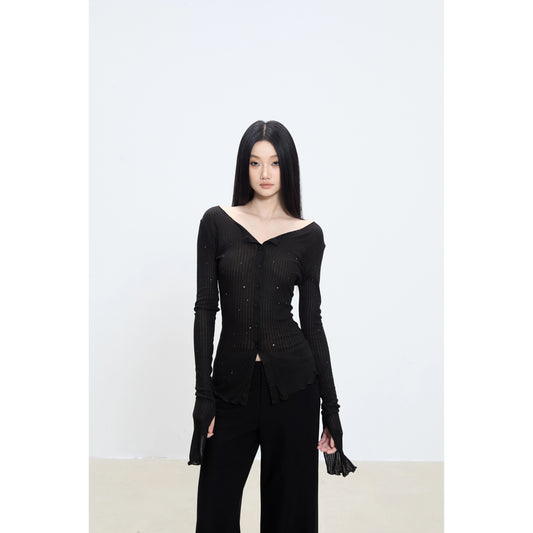 Elara Off-Shoulder Ribbed Button-Up Top
