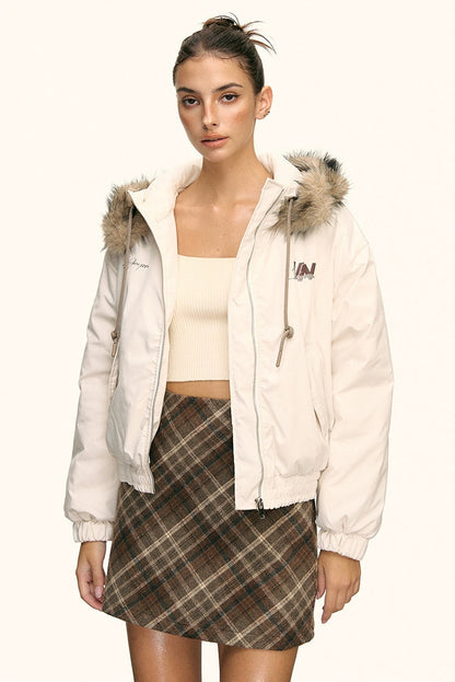 Ivory Faux Fur Hooded Winter Jacket