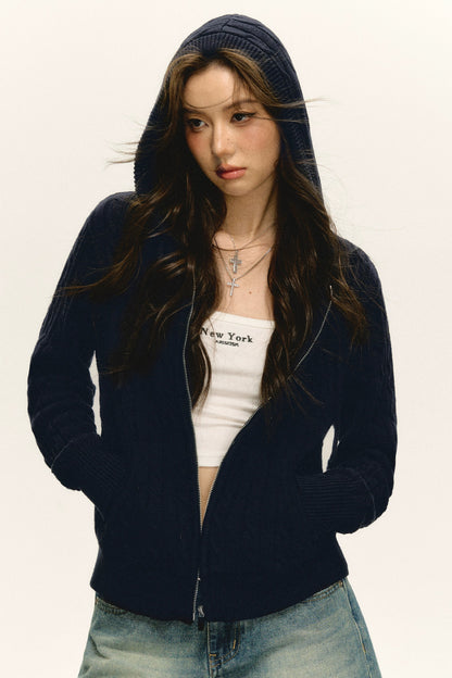 Emelia Vintage Hooded Knit Zipper Cardigan