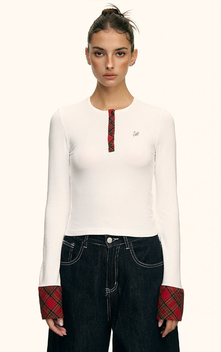 Aria Contrast Plaid Cuff Top