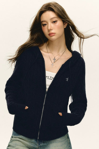 Emelia Vintage Hooded Knit Zipper Cardigan