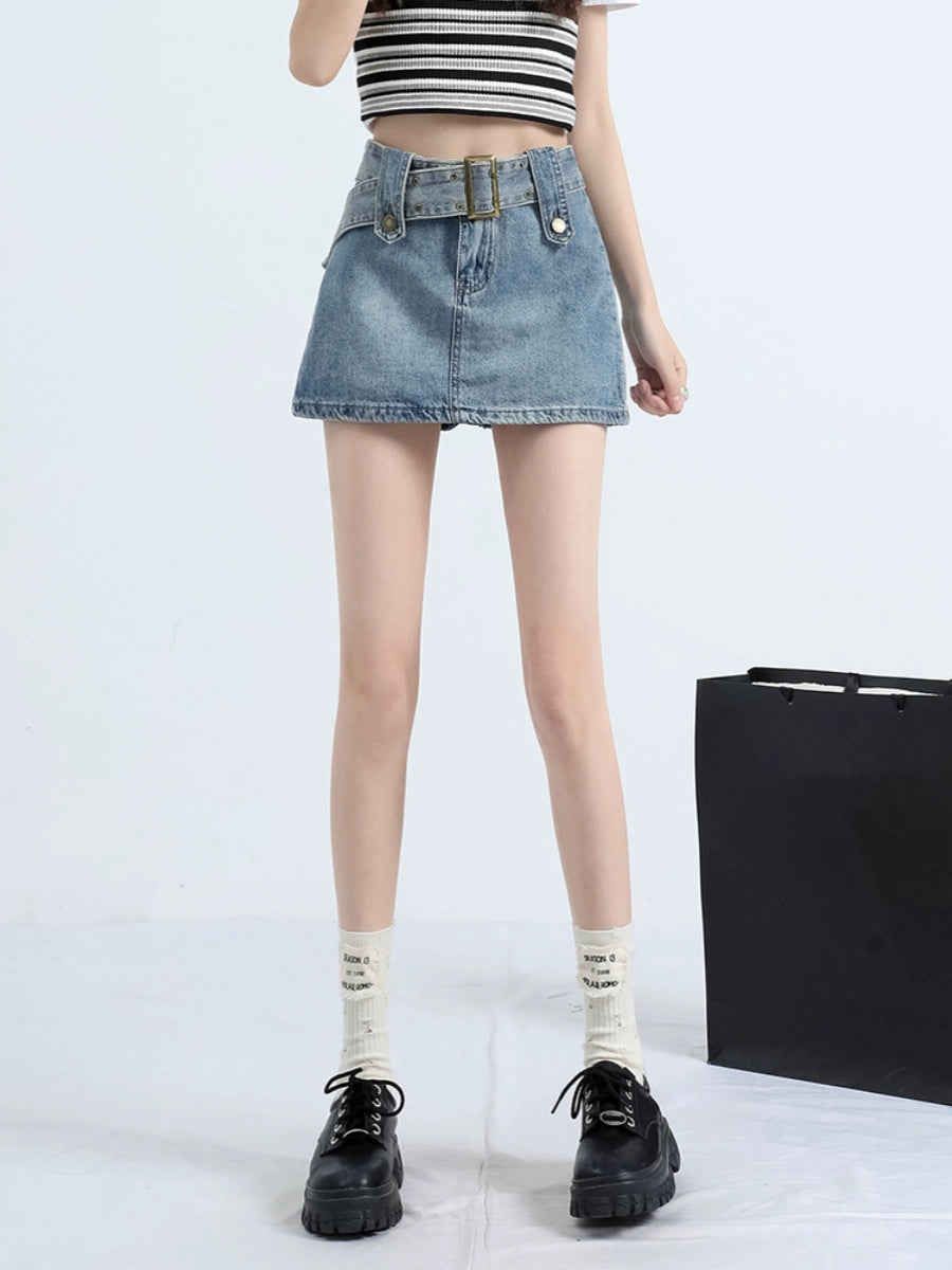 Rhea Vintage Wash Wrap Denim Skort/Skirt
