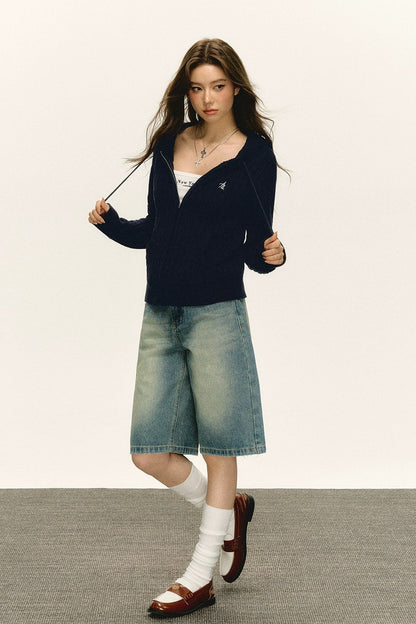 Emelia Vintage Hooded Knit Zipper Cardigan