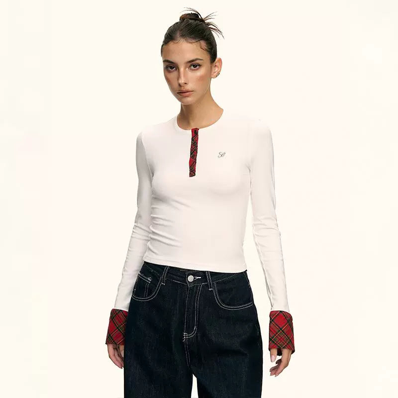 Aria Contrast Plaid Cuff Top