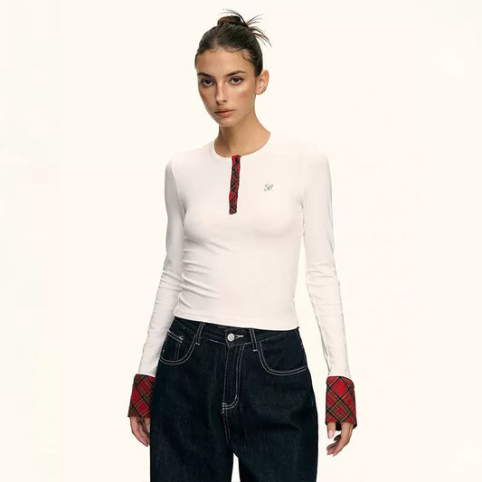 Aria Contrast Plaid Cuff Top