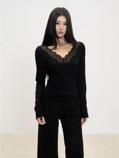 Lace-Trim V-Neck Knit Top
