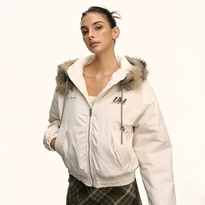 Ivory Faux Fur Hooded Winter Jacket