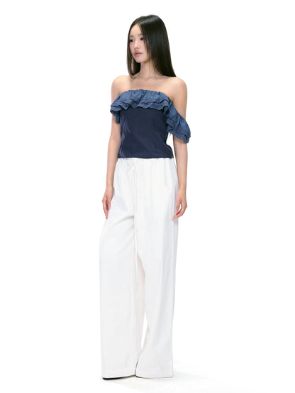 Clara Ruffled Asymmetrical Denim Top