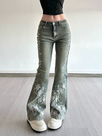 Whisper Bloom Low-Rise Embroidered Flare Jeans