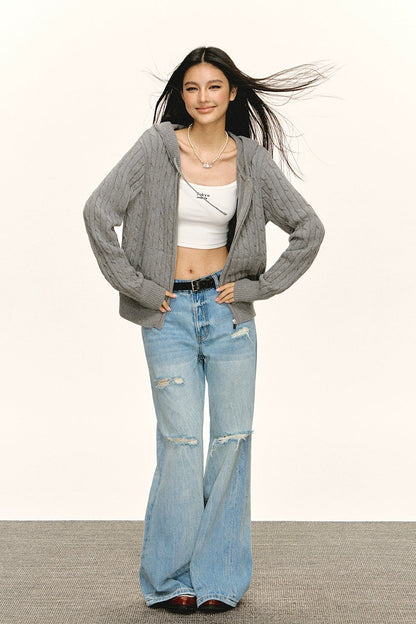 Emelia Vintage Hooded Knit Zipper Cardigan