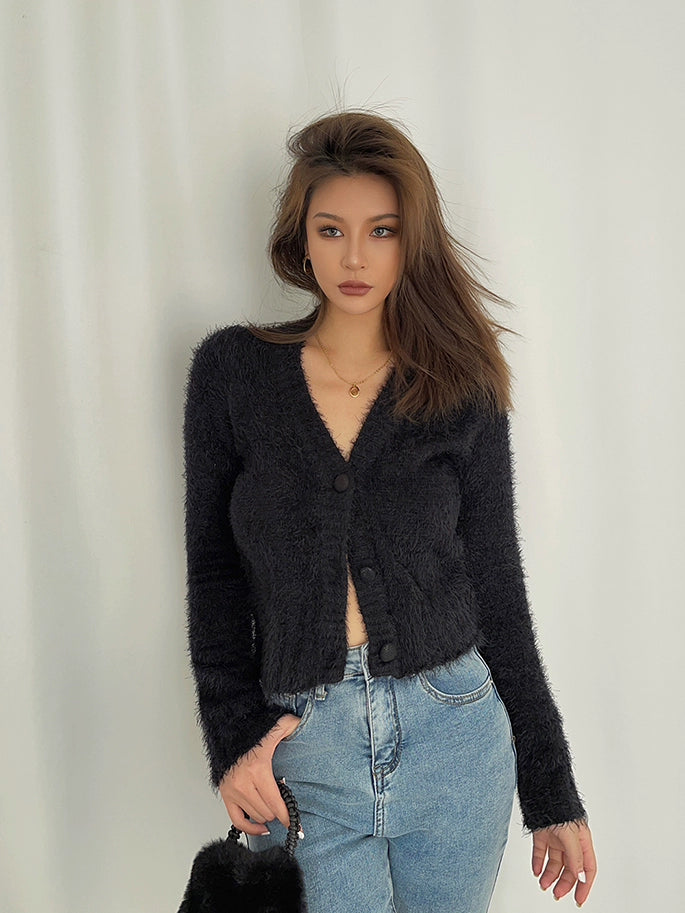 Luna Soft Fuzzy Knit Button Cardigan