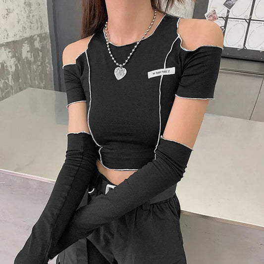 Raven Patchwork One-Shoulder Crop Top - Montfash