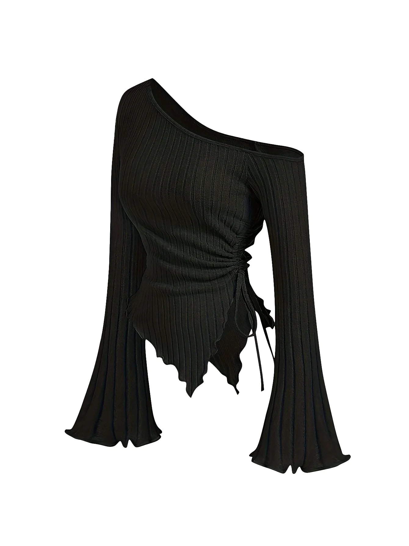 Black one-shoulder top with long sleeves on a white background