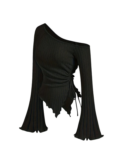 Black one-shoulder top with long sleeves on a white background