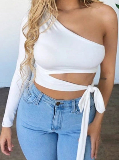 Saige One Shoulder Elastic Crop Top - Montfash